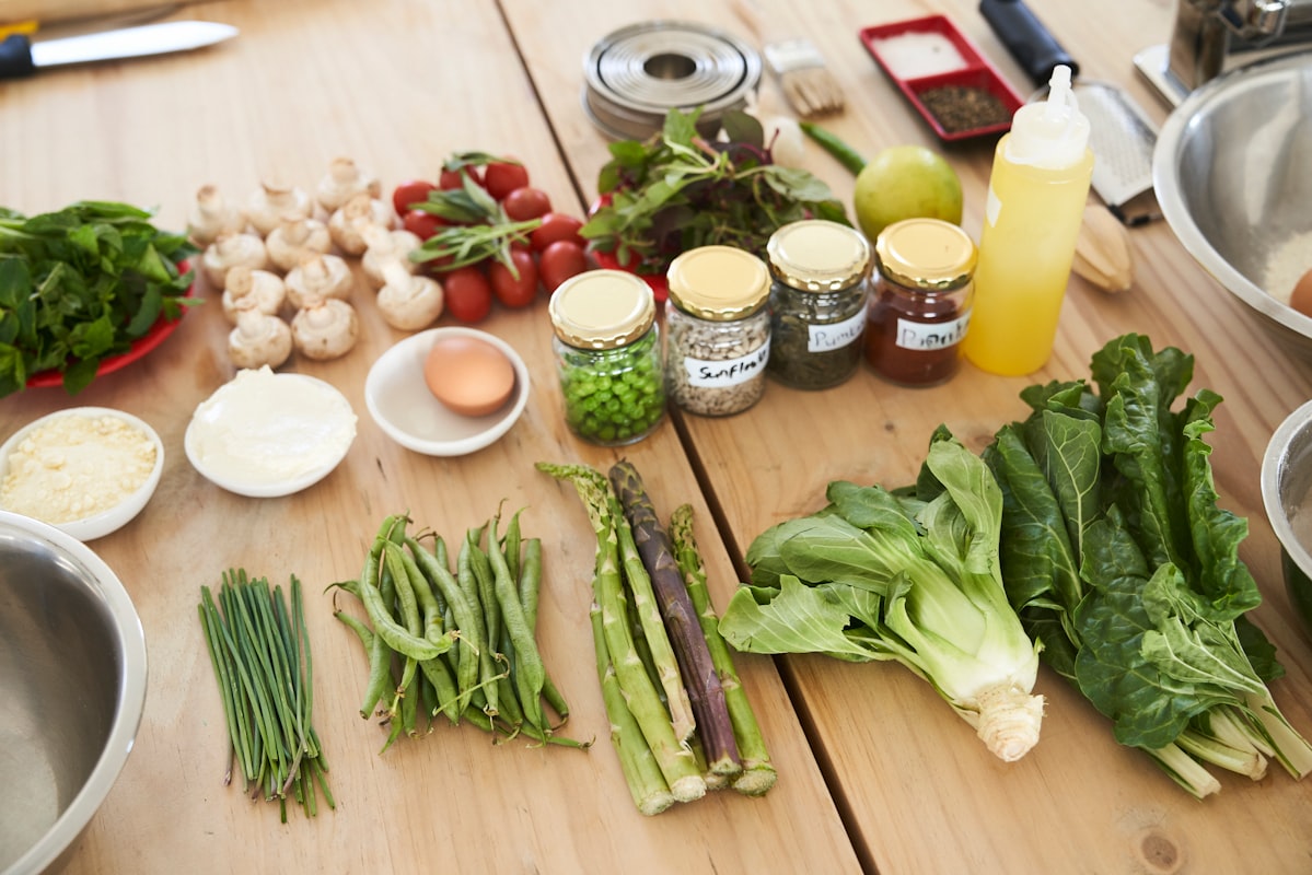 Diverse healthy ingredients arranged on a kitchen counter